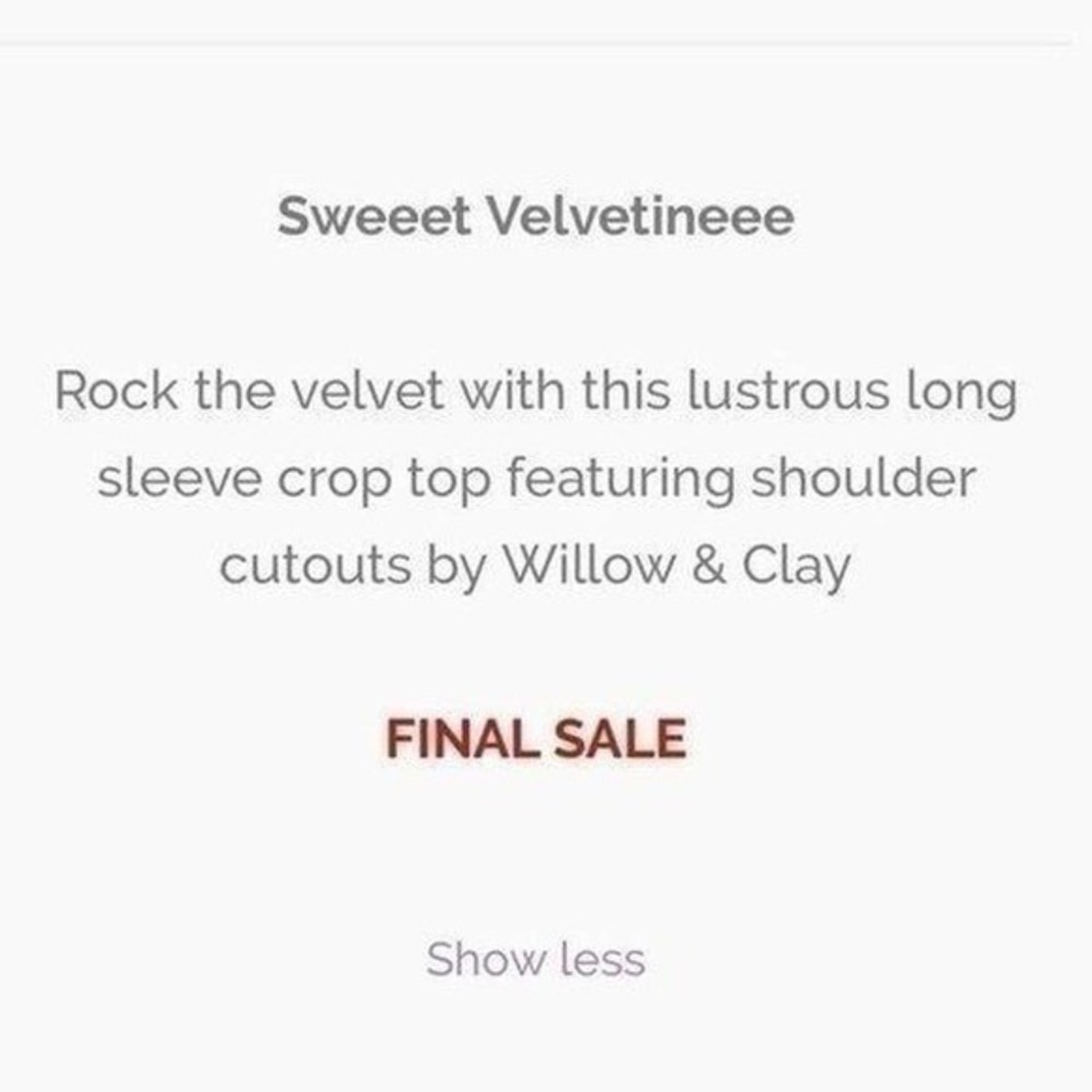 Willow and Clay Top Women Medium Burgundy NWT Cold Shoulder Velvet Crop - Picture 7 of 8